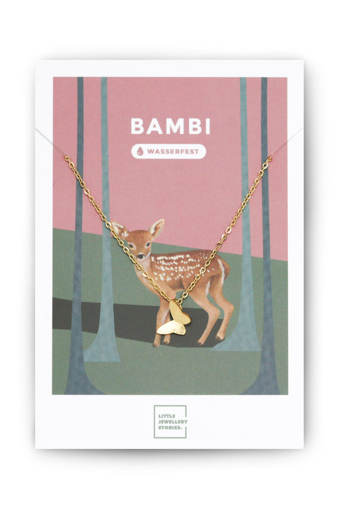 Halskette BAMBI – Gold von Little Jewellery Stories – auf illustrierter Schmuckkarte