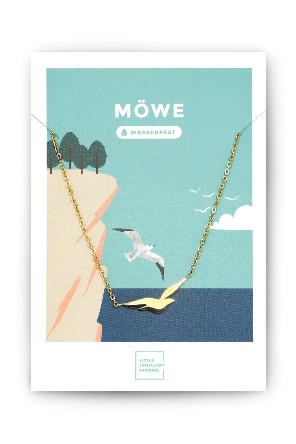 Halskette MÖWE – Gold von Little Jewellery Stories – auf illustrierter Schmuckkarte