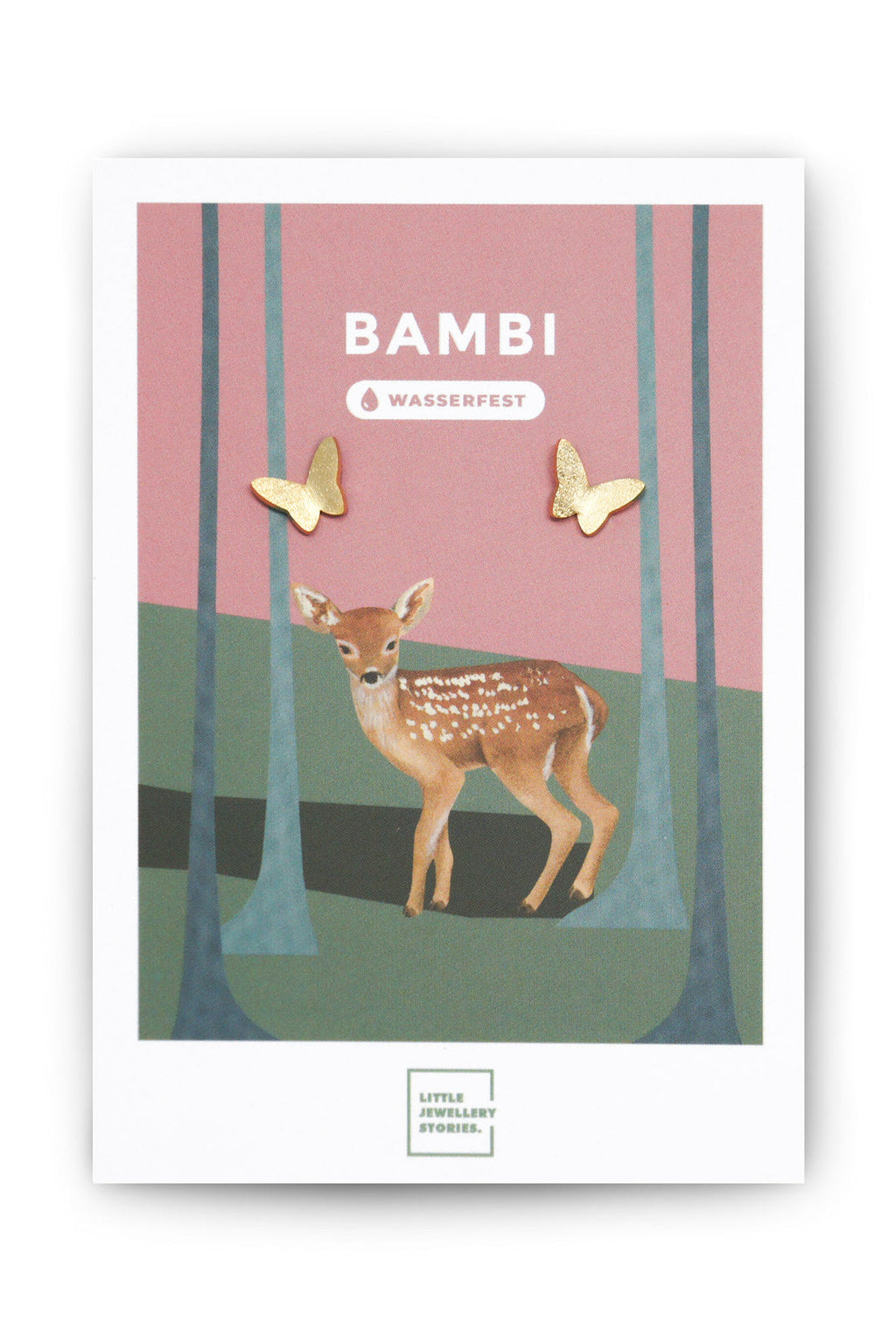 Ohrstecker BAMBI – Gold von Little Jewellery Stories – auf illustrierter Schmuckkarte