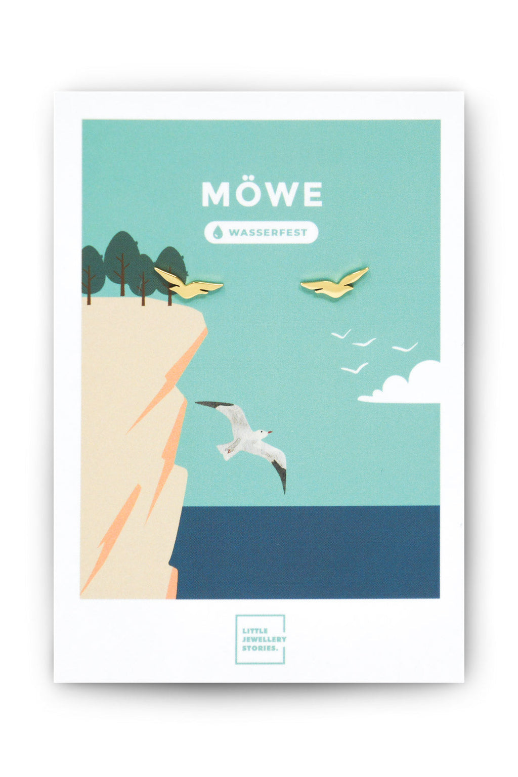 Ohrstecker MÖWE – Gold von Little Jewellery Stories – auf illustrierter Schmuckkarte