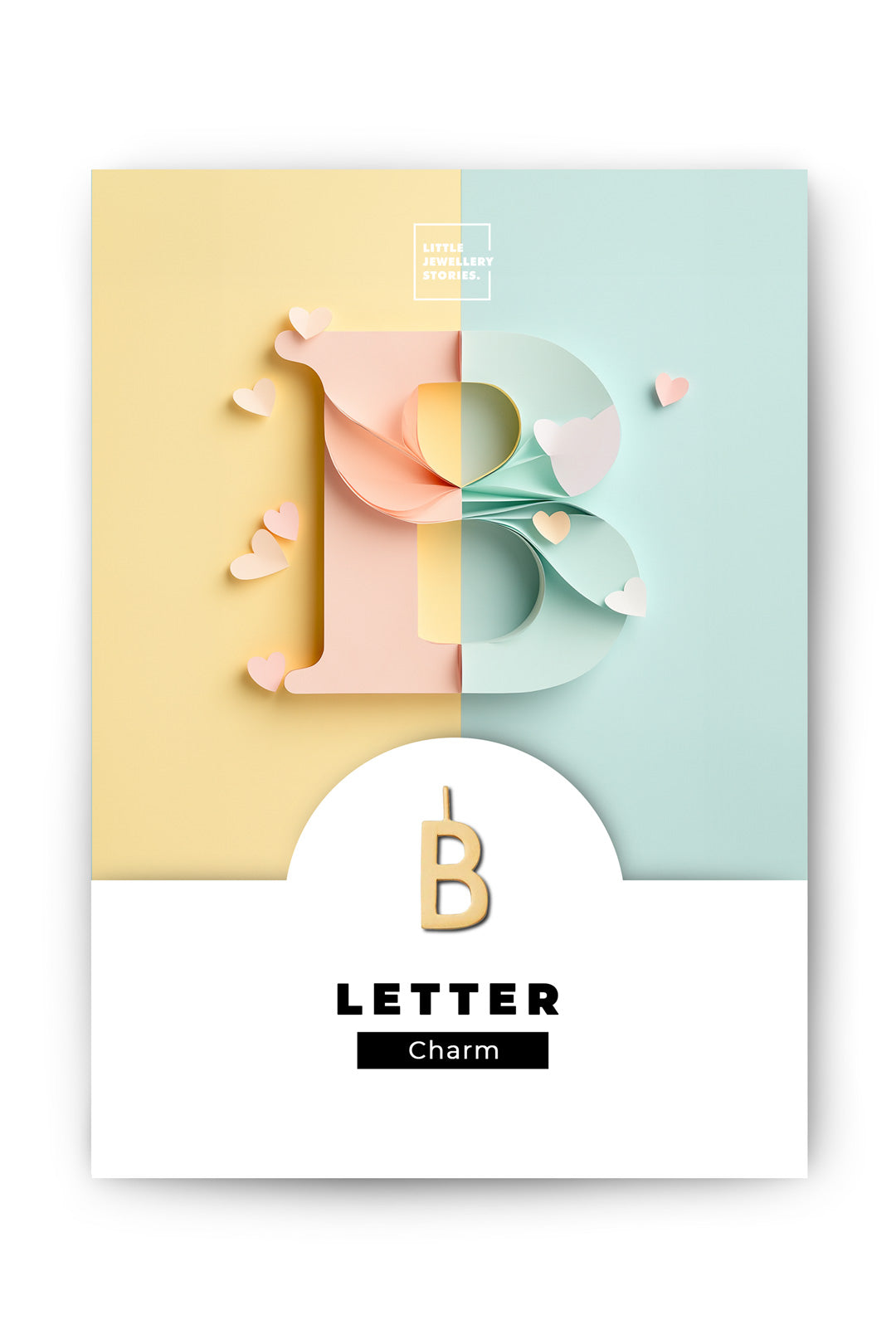 Monogramm Charm B – Gold von Little Jewellery Stories – auf illustrierter Schmuckkarte