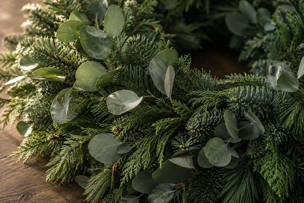 Botanische Adventsstimmung mit Eukalyptus und frischem Grün, KI-generiert