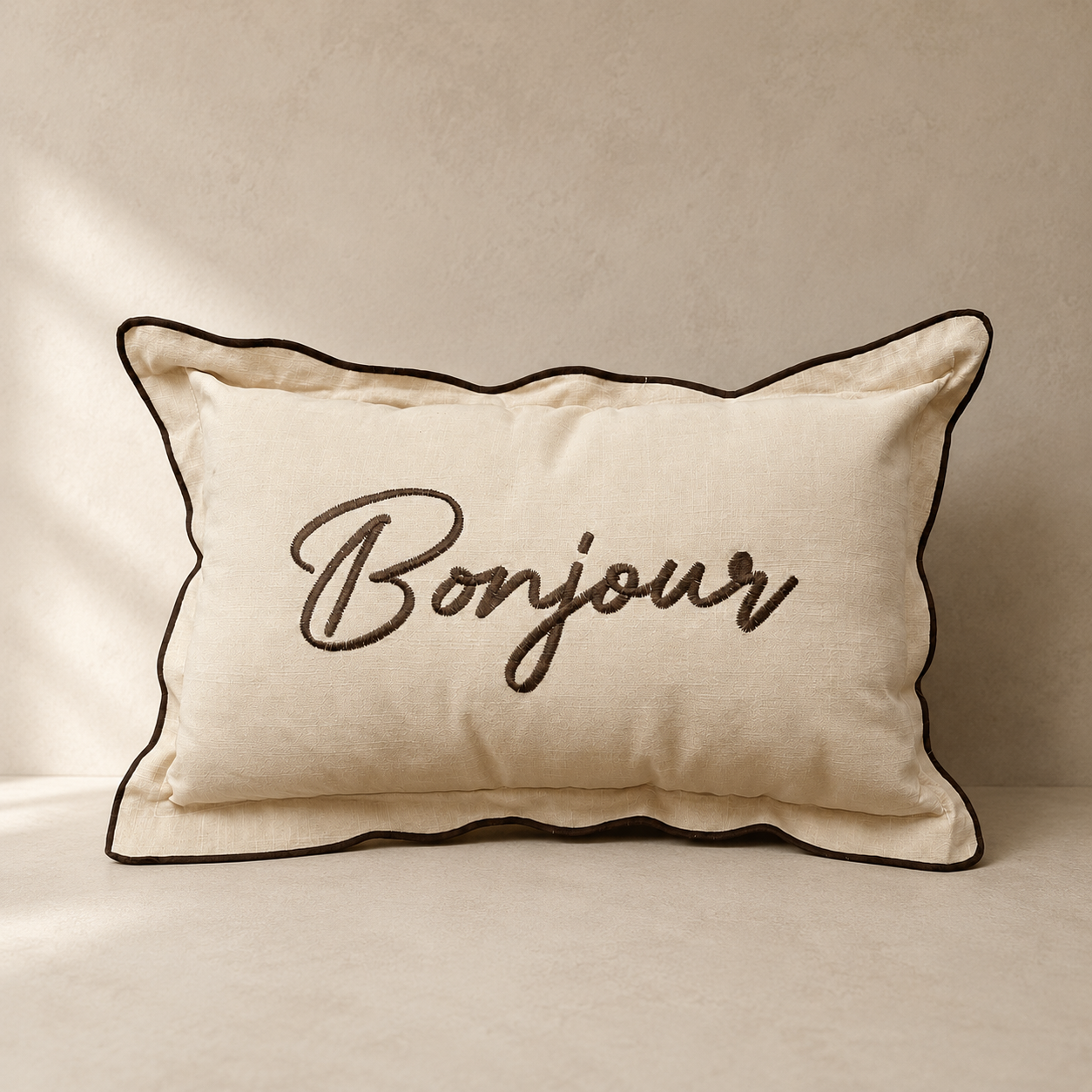 Dekokissen Bonjour in Natur mit brauner Stickerei