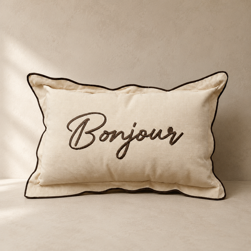 Dekokissen Bonjour in Natur mit brauner Stickerei