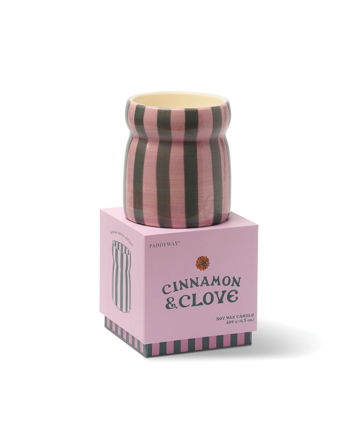 Paddywax Cabana Cinnamon & Clove, Pink/Grün: Originalaufnahme der Duftkerze mit Produkt- und Verpackungsdetails
