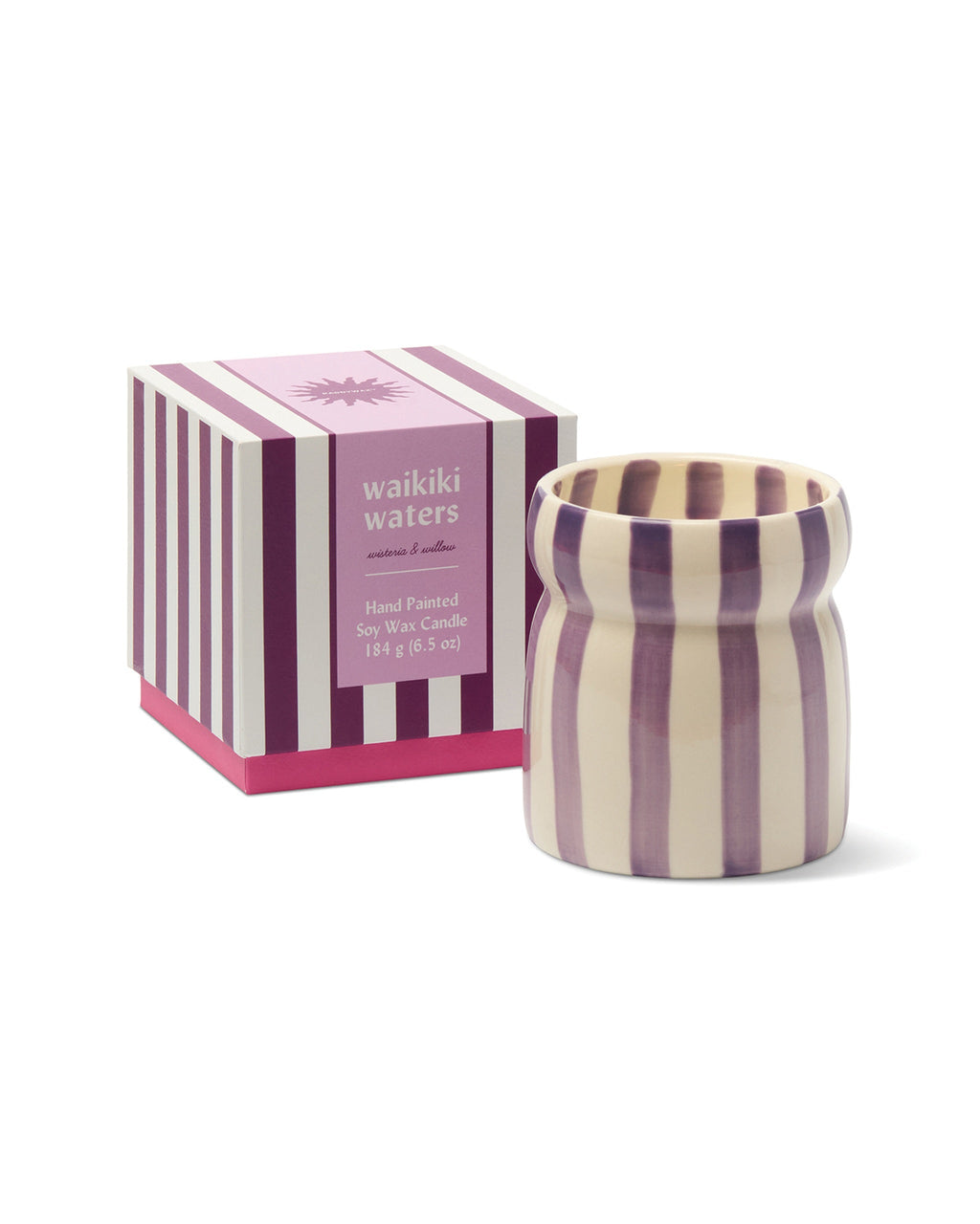 Paddywax Cabana Waikiki Waters: lila-creme gestreifte Keramikduftkerze mit Geschenkbox, 184 g