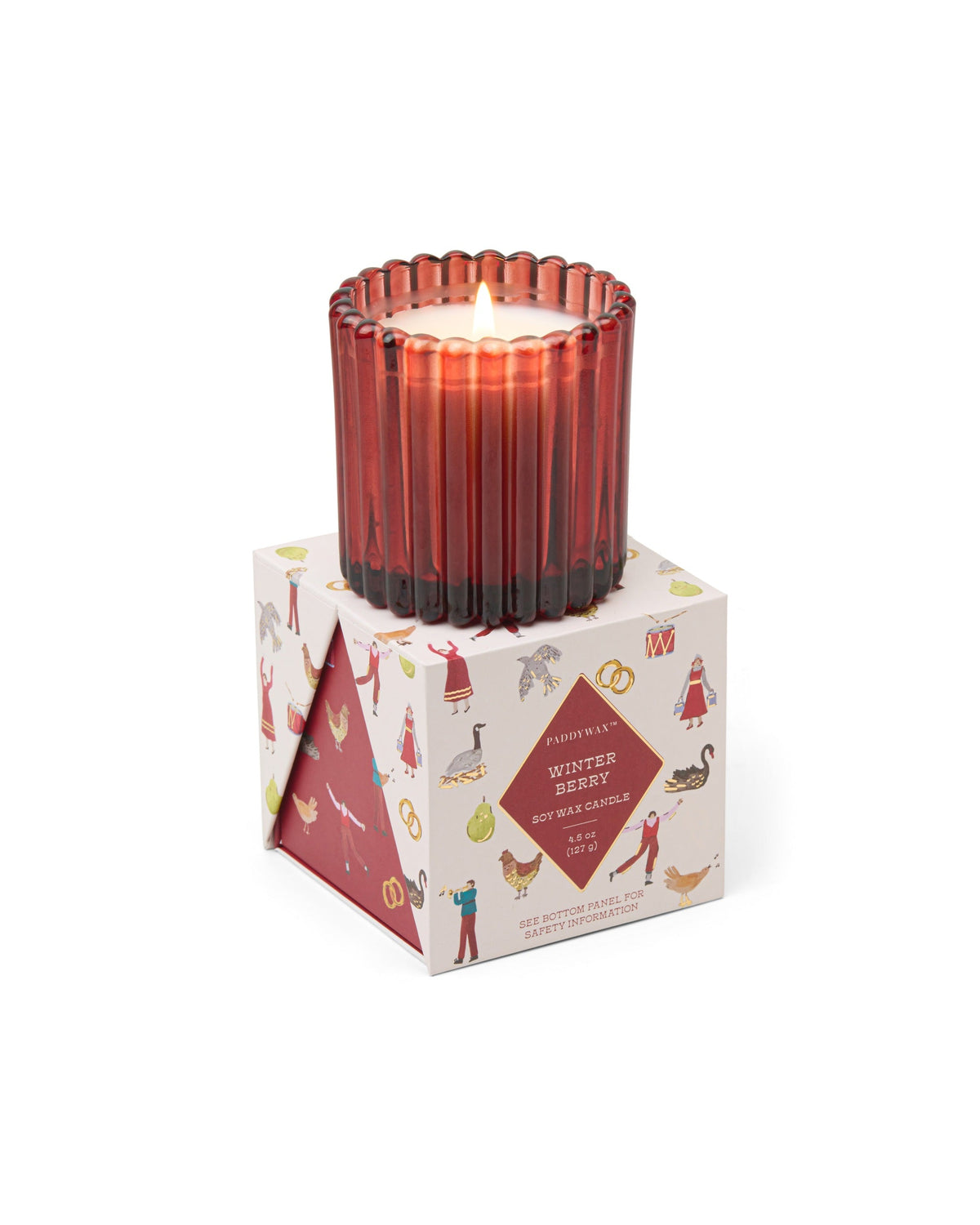 Paddywax Riffelglas Winter Berry, Rot: Originalaufnahme der Duftkerze mit Produkt- und Verpackungsdetails