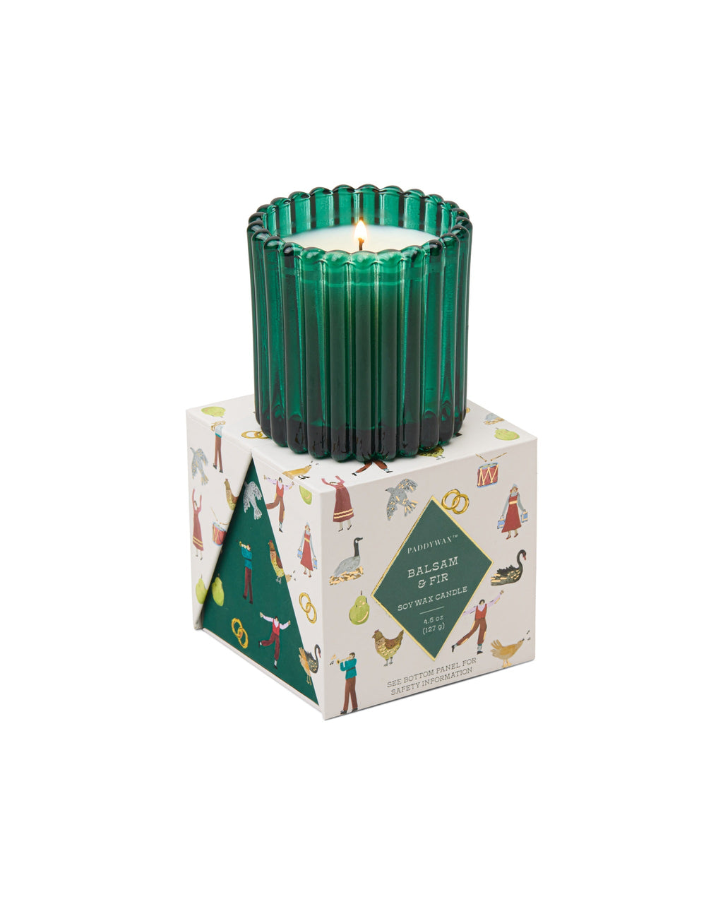 Paddywax Riffelglas Balsam Fir, Grün: Originalaufnahme der Duftkerze mit Produkt- und Verpackungsdetails