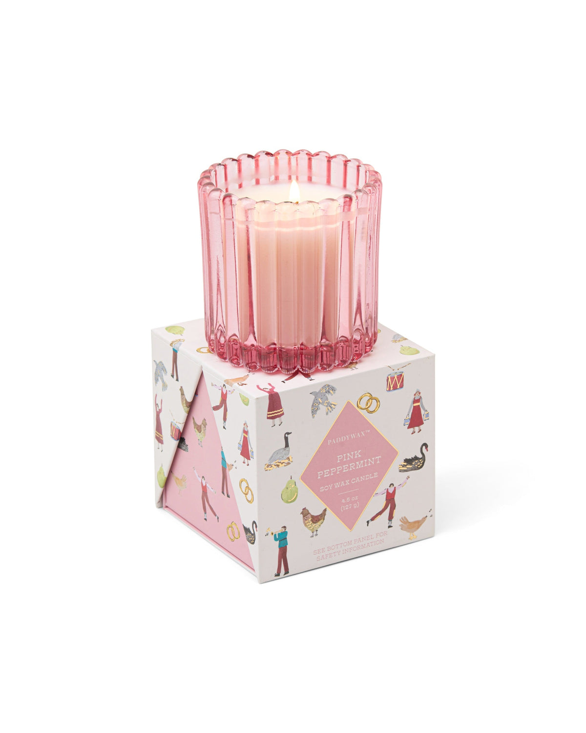 Paddywax Riffelglas Pink Peppermint, Pink: Originalaufnahme der Duftkerze mit Produkt- und Verpackungsdetails