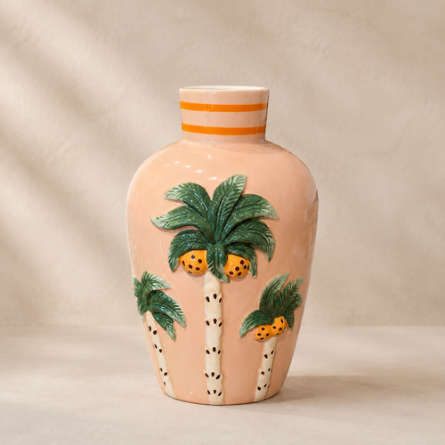 Hohe Palmenvase in Rosé mit plastischen Palmen