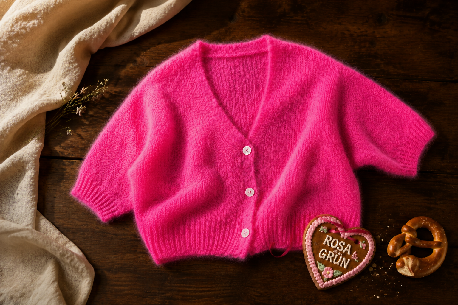 Kurze pinke Strickjacke mit Rosa und Grün Lebkuchenherz und Breze