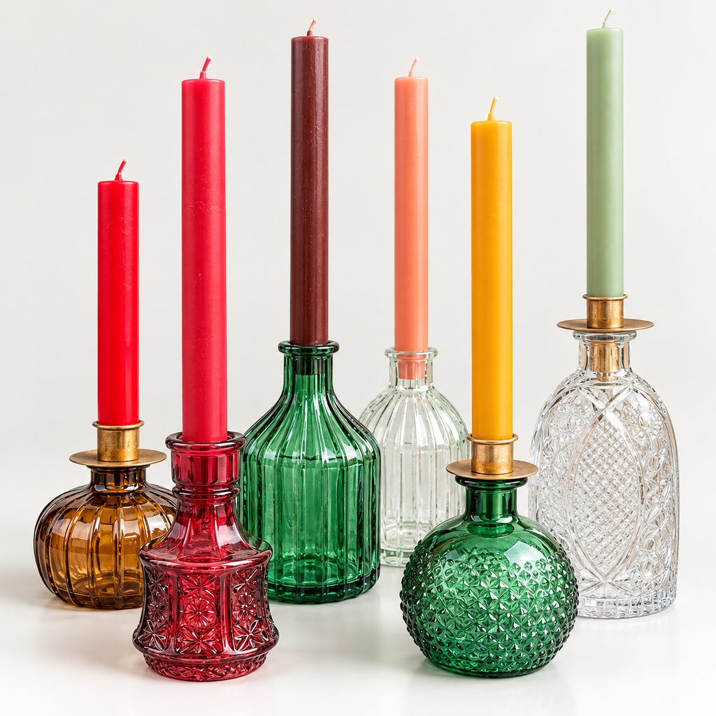 Dekorationsbeispiel: Flaschenvasen als Kerzenständer kombiniert. Kerzeneinsätze, Kerzen und weitere Flaschen separat.