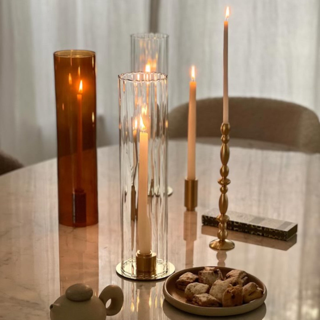 Kerzenglas COSMIQUE (H 40cm) mit Messing Kerzenhalterset DELUXE- UNSER FAVORIT